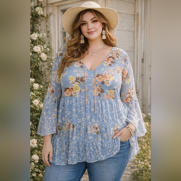 Cato Tops - EST 1946 "Cato" Light Blue Floral V-Neck Tiered Peasant Top